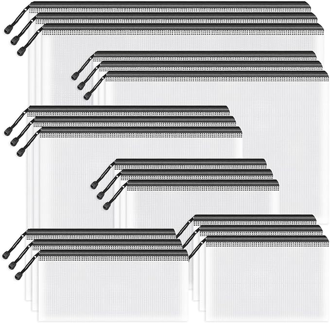 Umriox Zipper Mesh Document Pouch, 6 Assorted Size (Black, 18 Packs), Clear Zipper Pouches, Waterproof Travel Pouch for Office Supplies, Puzzles, Board Games and Craft Projects