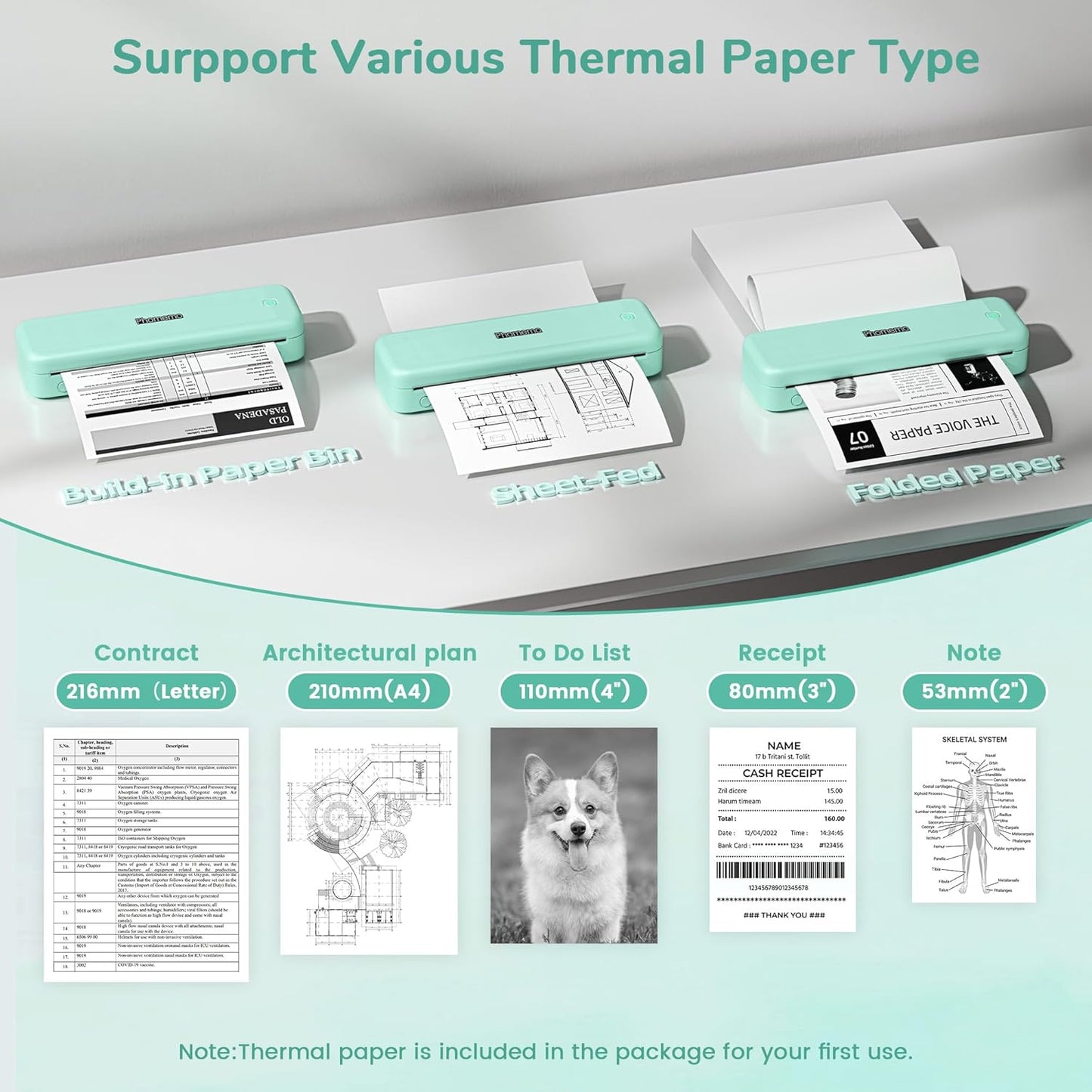 Phomemo Portable Printers Wireless for Travel,M834 Bluetooth Thermal Printer 8.5" x 11"& A4 Size,Inkless Mobile Printer with Carry Case for Travel,Office,School,Car,Home,Green