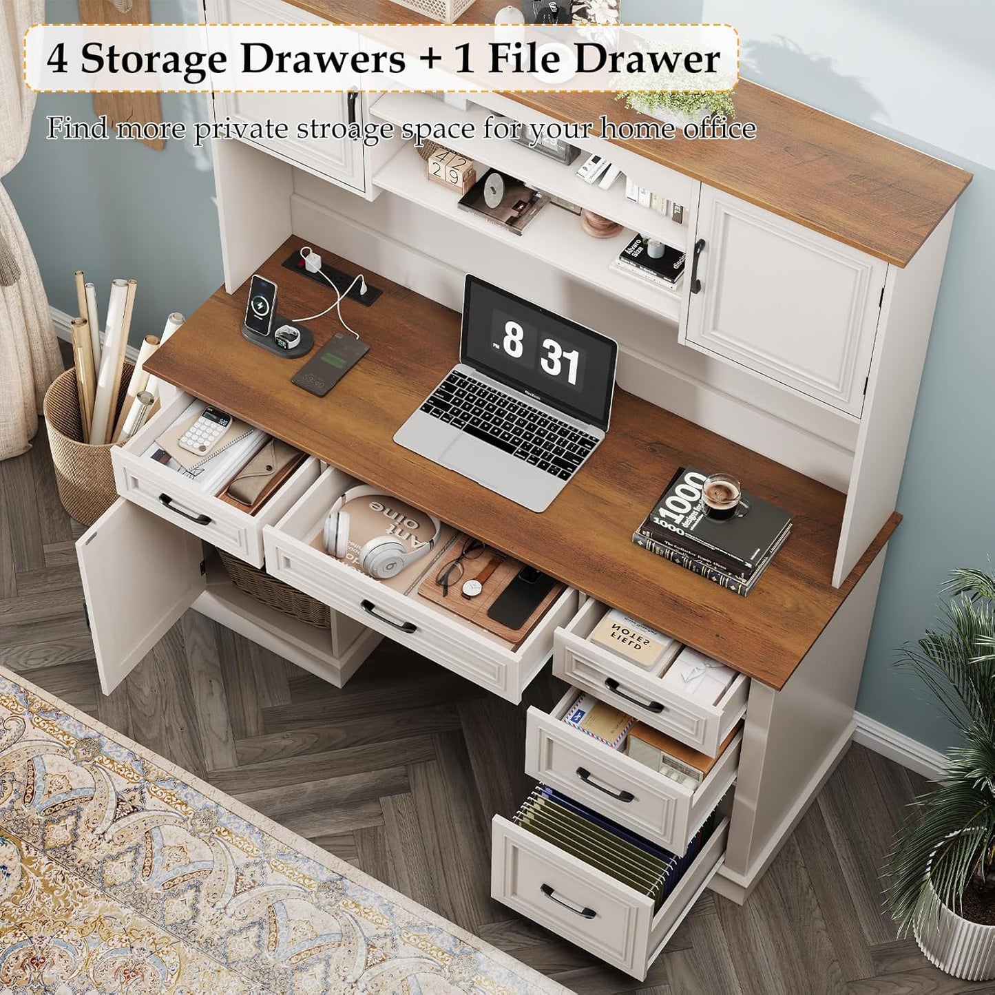 67" H Farmhouse Executive Desk with Hutch. Wood Workstation with 5 Drawers, Storage Cabinet, File Drawers and Charging Station, Ideal as Office Desk, Computer Desk for Home Office and Study