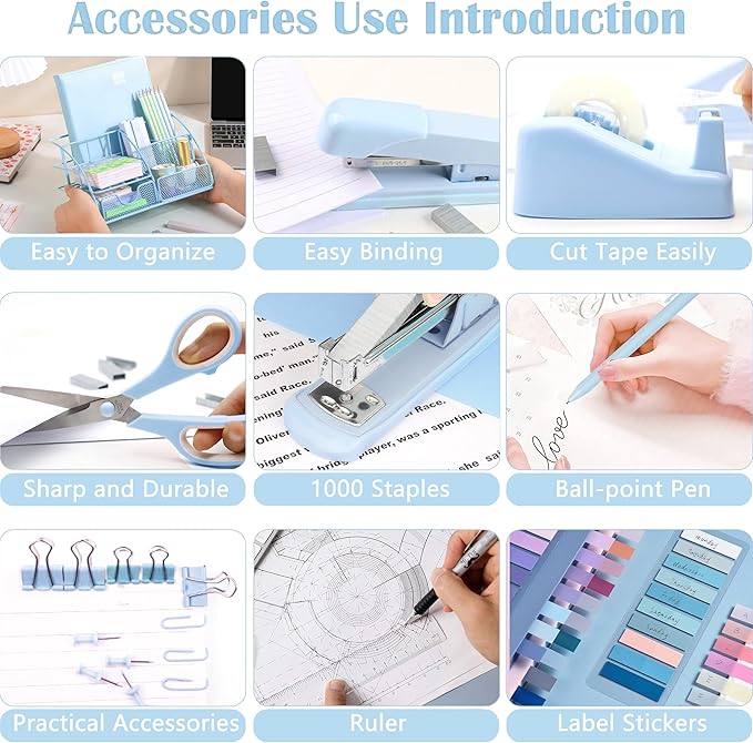 Blue Office Desk Accessories Supplies, 10pcs Desk Organizers and Accessories with Tape Dispenser and Stapler,Staples,Scissor,Ruler,Sticky Tabs,Tape,Ballpoint Pen,Clips Set