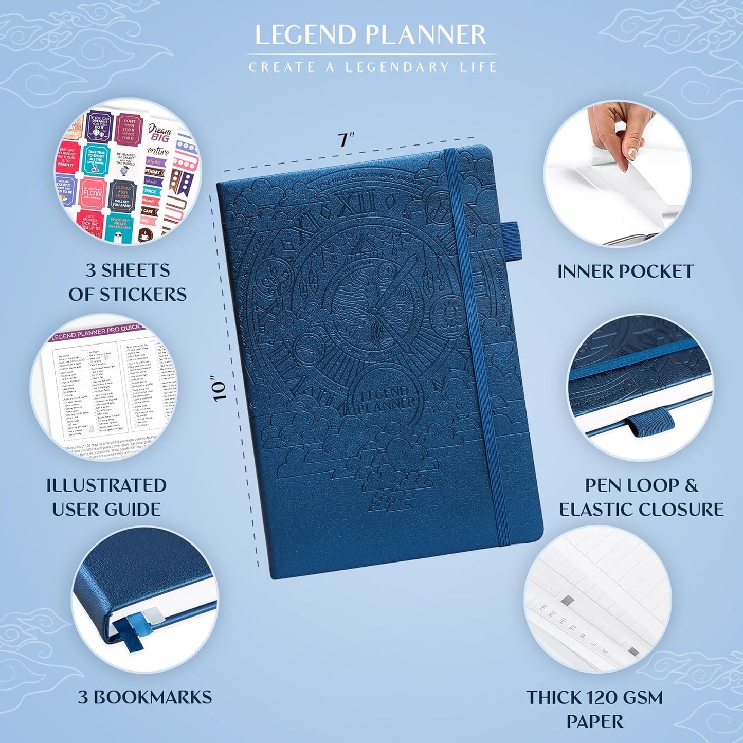Legend Planner PRO – Deluxe Weekly & Monthly Life Planner to Increase Productivity and Hit Your Goals. Time Management Organizer Notebook – Undated – 7 x 10" Hardcover + Stickers – Mystic Blue