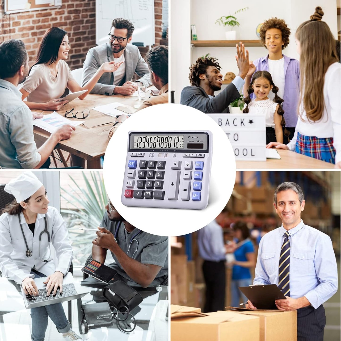 Comix Desktop Calculator Solar Battery Dual Power with 12-Digit Large LCD Display and Large Computer Keys Standard Function Calculator for Home Office School, White