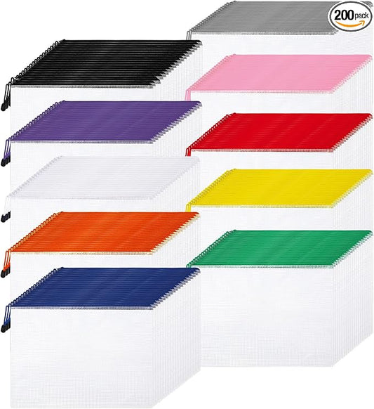 200 Pcs A4 Mesh Zipper Pouch Bulk Waterproof Mesh Zipper Organizer Plastic File Folder Case for School Office Supplies Document Board Games Puzzle(Multicolor)