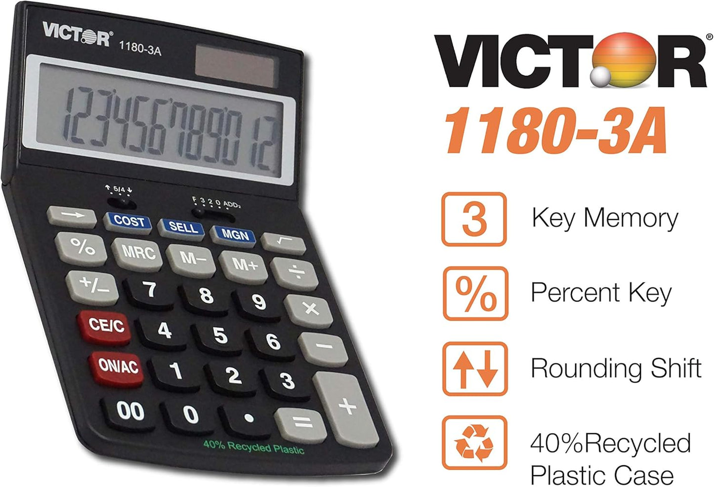 Victor 1180-3A 12-Digit Standard Function Calculator, Battery and Solar Hybrid Powered Adjustable Angle LCD Display, Great For Home and Office Desks, Black