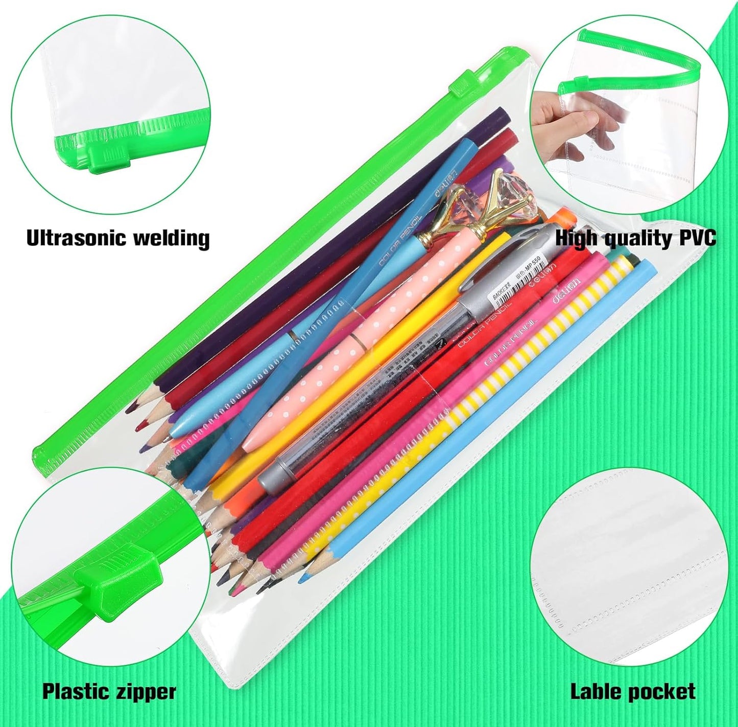 Marspark 100 Pieces Clear Pencil Case Zipper Envelope Bulk with Label Pocket Clear Plastic Envelopes with Zippered, A6 Pencil Bags for Cash, School Office Supplies, 9.2 x 4.7 Inches(Green)
