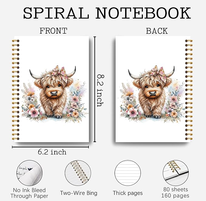 Floral Highland Cow Notebook - Western Notebook, Cow Notebook, Highland Cow Office Supplies, Highland Cow Gifts, Cute Highland Cow Stuff, Farmhouse Highland Cows Spiral Notebook 5.5x8.3