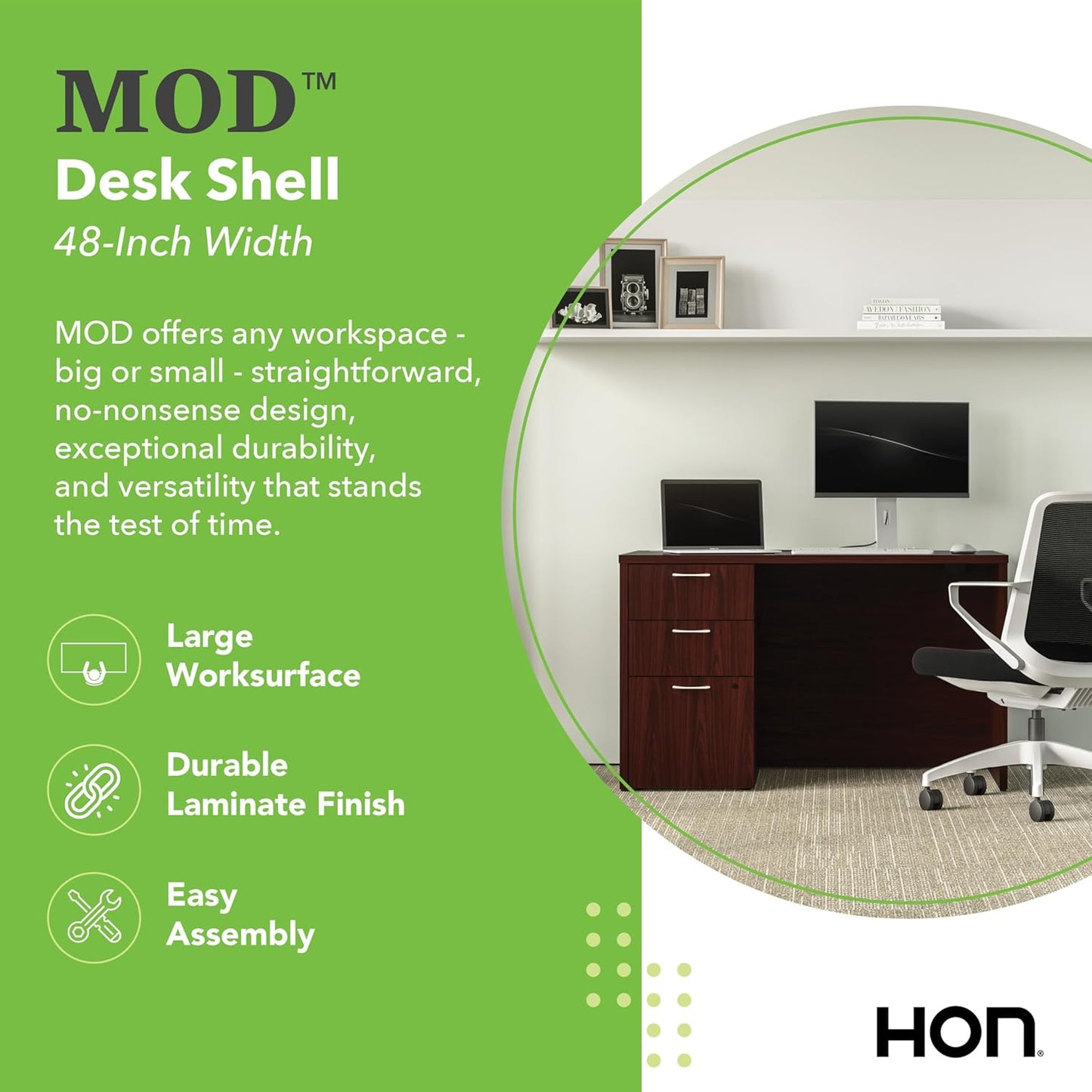 HON MOD Executive Desk 48-Inch Large Computer Desk Shell, Thick Wooden Laminate, Modern Table with Cord Management, 48" W x 30" D x 29" H, Traditional Mahogany