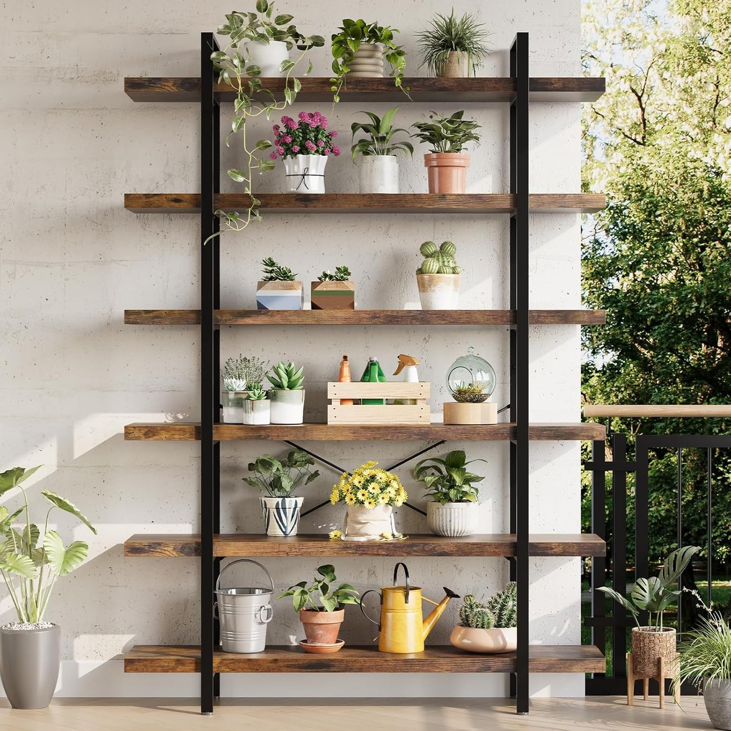 Heavy Duty 6-Tier Industrial Bookcase, 47" Wide Wood Bookshelf for Home Office, 120lbs Shelf Capacity, Rustic Open Shelving Display with Reinforced Horizontal Shelf for Living Room Bedroom