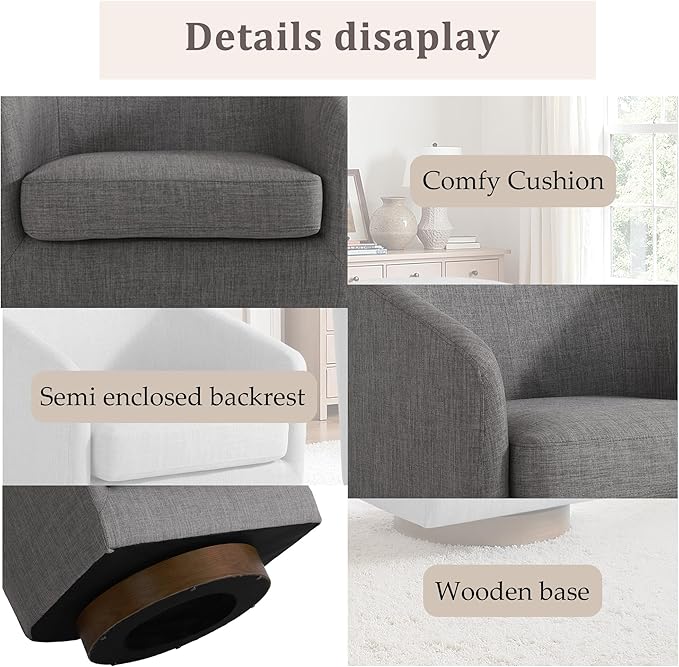 UIXE Swivel Accent Chair with Wood Base, Fabric Upholstered Barrel Chairs for Living Room, Comfy Round Armchair Single Sofa Bedroom Reading Seat - 31" W, Gray