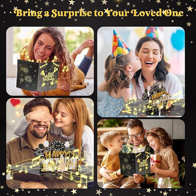 Elegant 3D Pop-Up Birthday Card with LED Lights – Blowable Candle & Music Greeting Card for Women, Mom, Daughter Black Gold