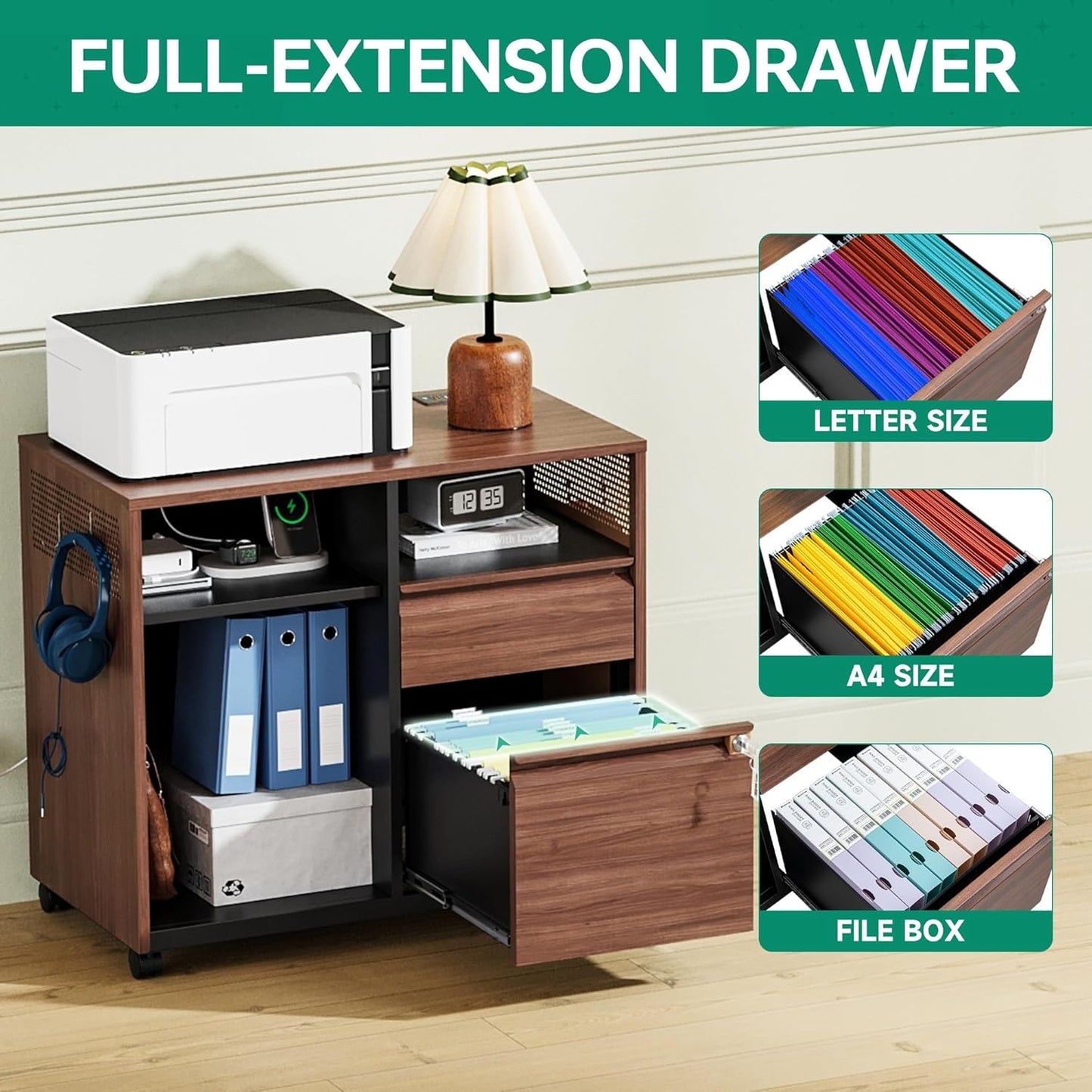 Letaya Mobile 2 Drawer File Cabinet with Lock, Metal Lateral Printer Stand Filing Storage Cabinets with Shelves for Home Office-A4/F4/Letter (Charging Socket)