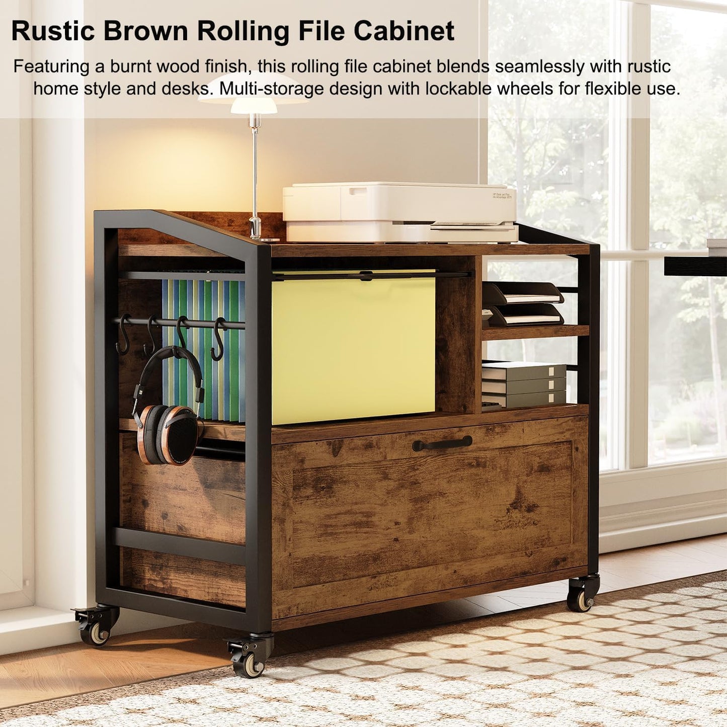 HSH Mobile Lateral File Cabinet with Drawer, Rolling Filing Cabinet with Storage Shelves & Hanging File Folders, Wooden Metal Printer Stand Fits A4 Letter Legal Size for Home Office, Rustic Brown,33In