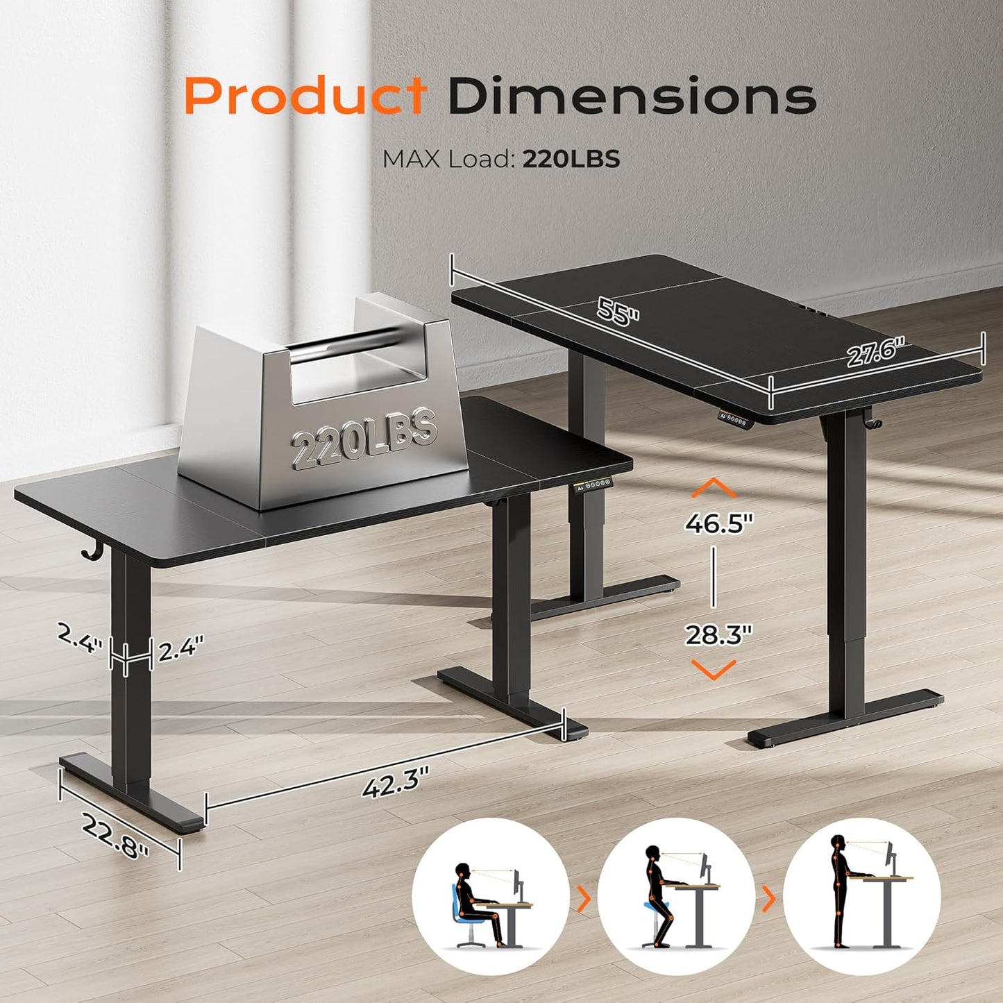 Huuger 55 x 28 Large Electric Standing Desk, Height Adjustable Computer Desk, 27.6" Deep Desktop, Stand up Gaming Office Table with 2 Hooks, 3 Preset Heights, for Home Office, Black