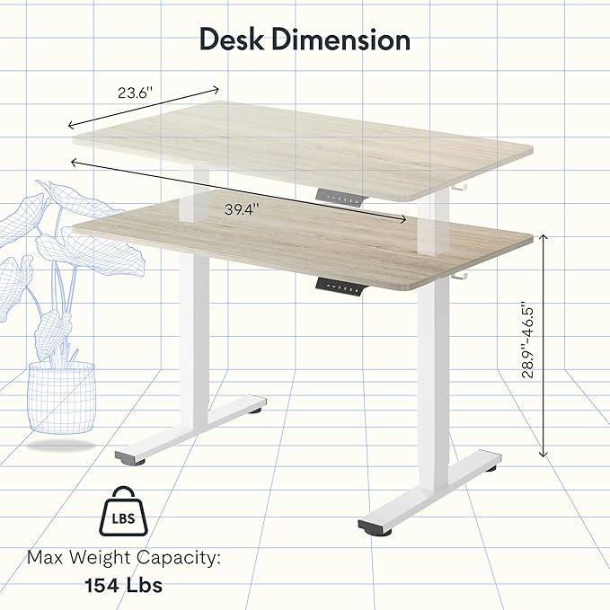 FLEXISPOT EN1 One-Piece Standing Desk, 40 x 24 Inches Electric Height Adjustable Desk for Home Office (White Frame + White Wood Grain Desktop)