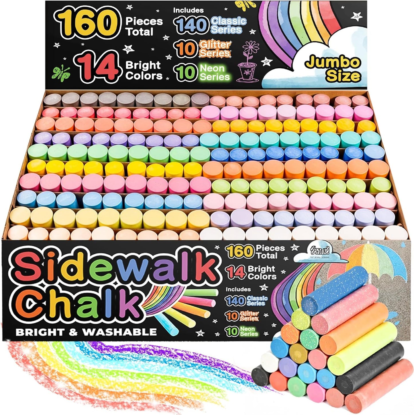 160 PCS Sidewalk Chalk for Kids - 14 Colors, 10 Glitter, 10 Neon Non-Toxic Washable Jumbo Chalks - Bulk Set of Outdoor Paint for Kids and Toddlers - Chalkboard Toys - Big Bucket Chalk for Party