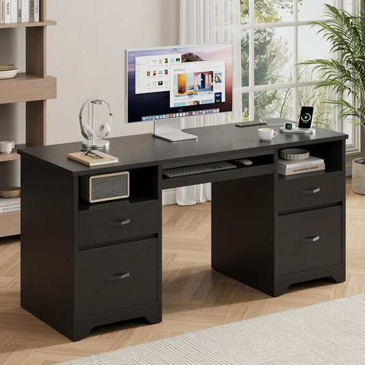 Bestier 59” Computer Desk with 4 Drawers, Office Desk with Storage, Modern Executive Desk with Charging Station, Keyboard Tray & Wooden Pedestals on Both Sides for Home Office & Studio, Black