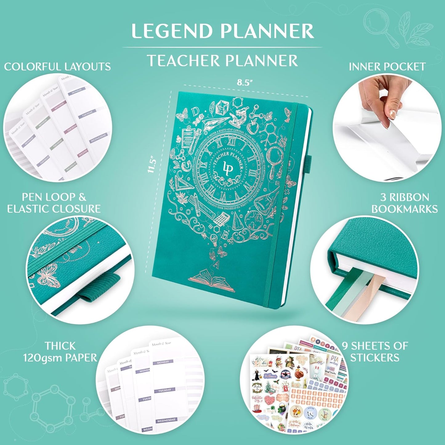 Legend Teacher Planner – Undated Lesson Plan Book for Teachers with Weekly & Monthly Calendars - Classroom Organization & School Year Planner – 8.5”x11.5” Hardcover (Viridian Green)