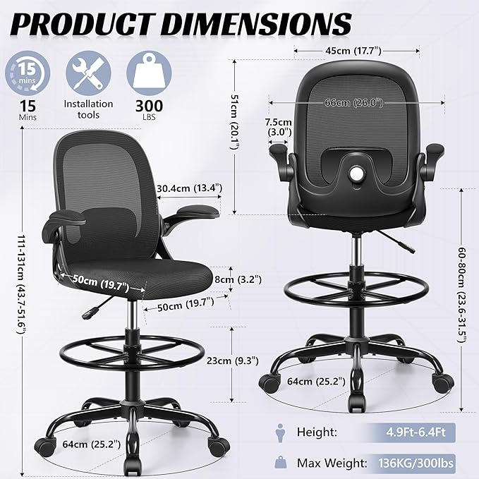 Drafting Chair, Tall Office Chair Ergonomic Standing Desk Chair,with Adjustable Footrest Ring, 3D Lumbar Support, Flip-up Armrests, Swivel Desk Stool for Drawing Working (Black)