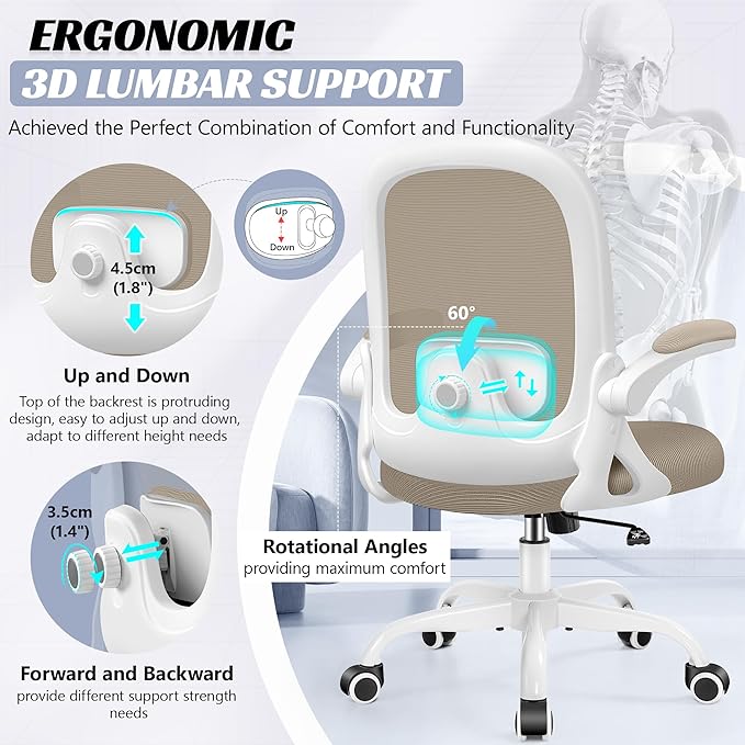Office Chair Ergonomic Desk Chair with Adjustable 3D Lumbar Support and Height, Comfy Mesh Computer Chair with Flip-up Armrests, Swivel Rolling Task Chair with Wheels for Home Office (Khaki)