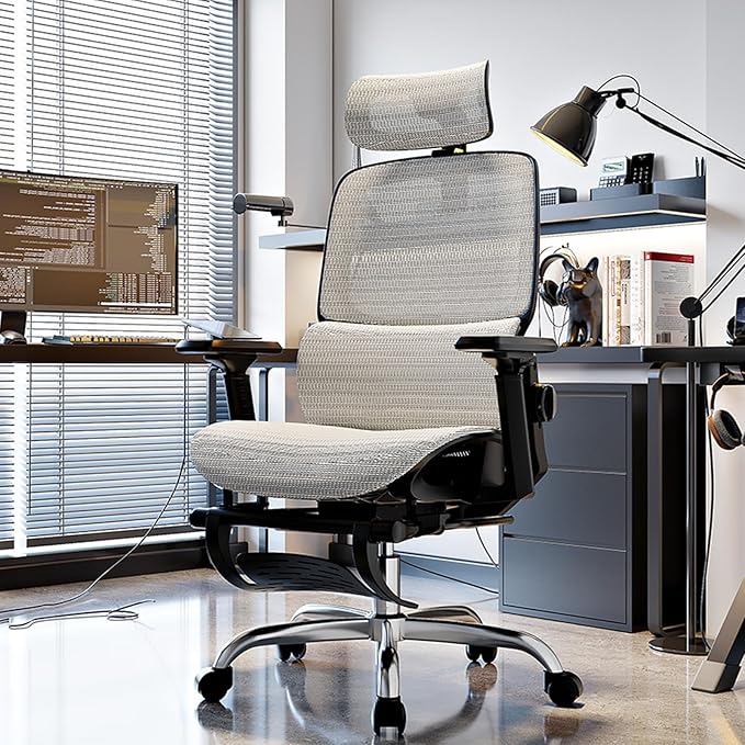 Ergonomic Office Chair, High Back Desk Chairs with Retractable Footrest, Breathable Mesh, Adjustable Headrest, 3D Armrests, Lumbar Support, Tilt Function, Comfy Swivel Computer Gaming Chair