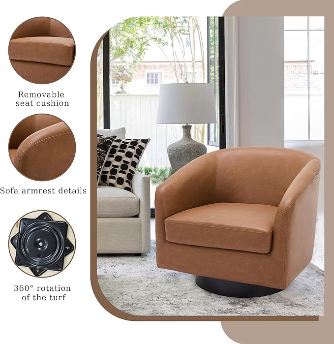 UIXE Faux Leather Swivel Accent Chair with Wood Base, Modern Upholstered Barrel Chairs for Living Room, Comfy Round Armchair Single Sofa Bedroom Reading Seat - 31" W, Brown