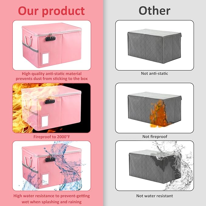 Fireproof Document Box File Organizer Box, Fireproof File Cabinet Box Storage Filing Cabinet Box with Lock, Portable Office Safe Box for Hanging Letter/Legal Folder 16.1 x 12.9 x 11in (Pink)