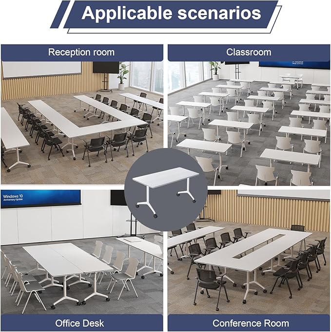 Folding Conference Table – Portable Flip-Top Desk with Locking Wheels, 47.2IN Conference Room Tables Modular Office Desk Heavy-Duty Metal Frame,Space-Saving Design for Meeting & Training Rooms(2PACK)