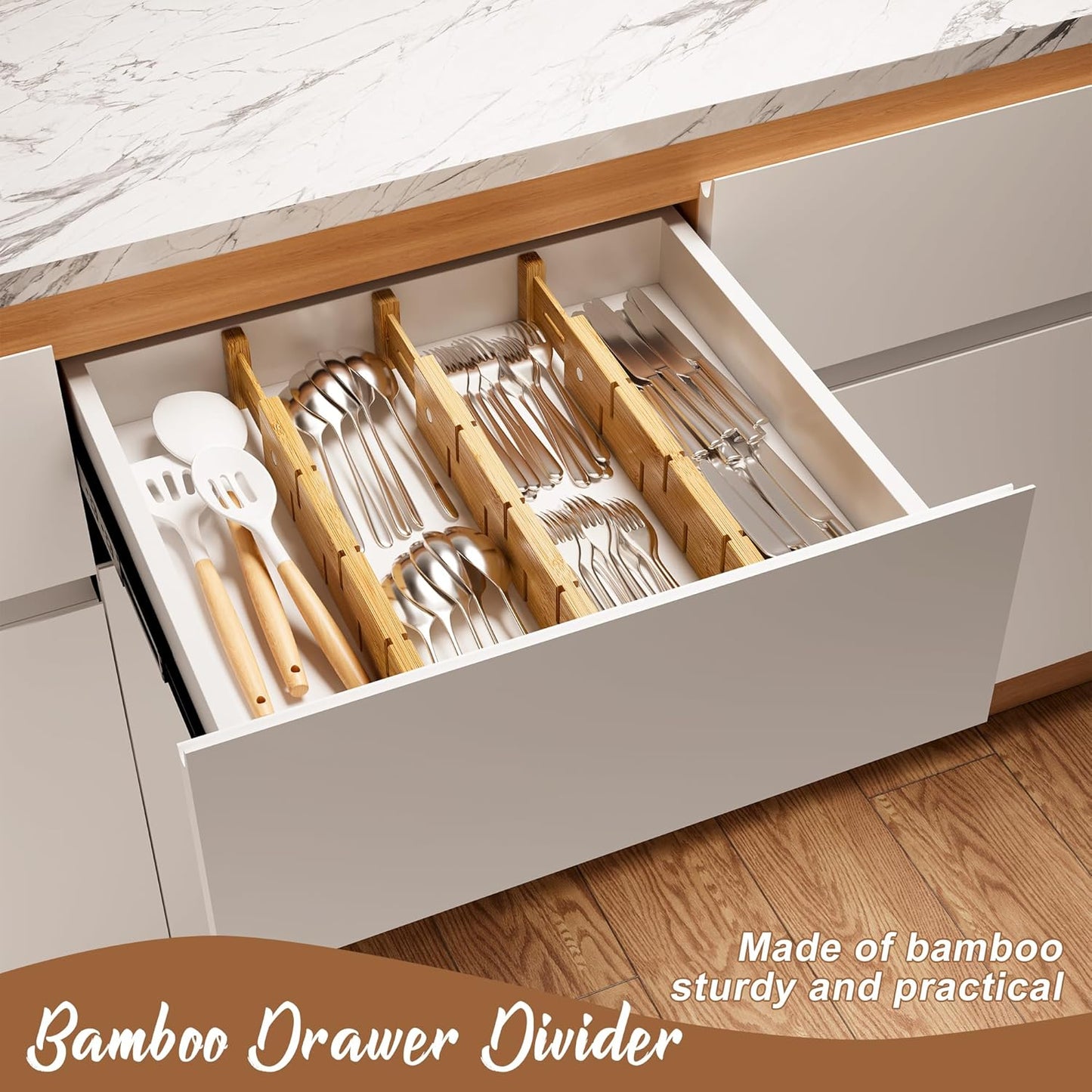 FILWH Bamboo Drawer Dividers with Inserts kitchen drawer organizer Adjustable Expandable 8 Pack Organizer Set for Kitchen Bedroom Bathroom Office 8 Dividers with 16 Inserts (Natural, Small (14-19IN))