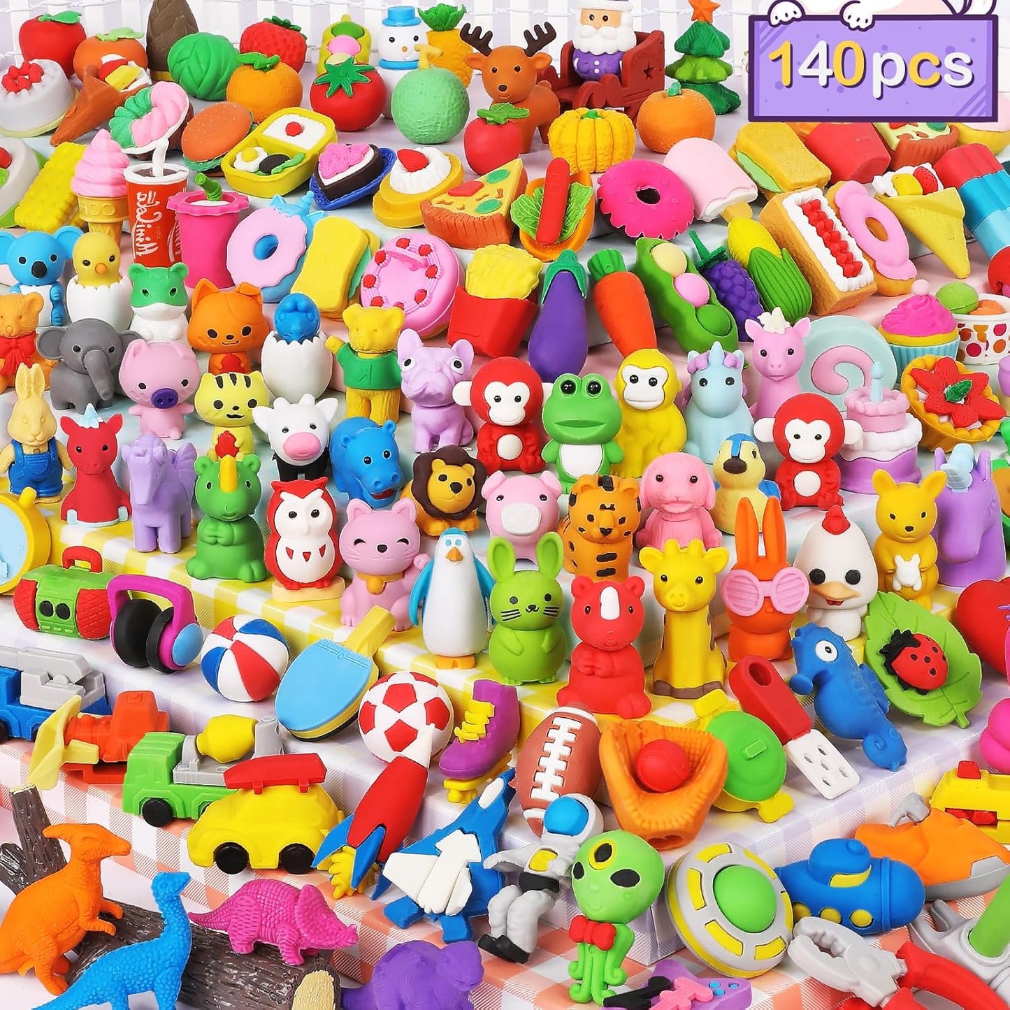 Arscniek 140 Pack Animal Erasers for Kids, Take Apart Mini Pencil Erasers, Desk Pets & Treasure Box Toys, Bulk Party Favors, Stocking Stuffers, Classroom Prizes, School Supplies, Gift for Boys & Girls