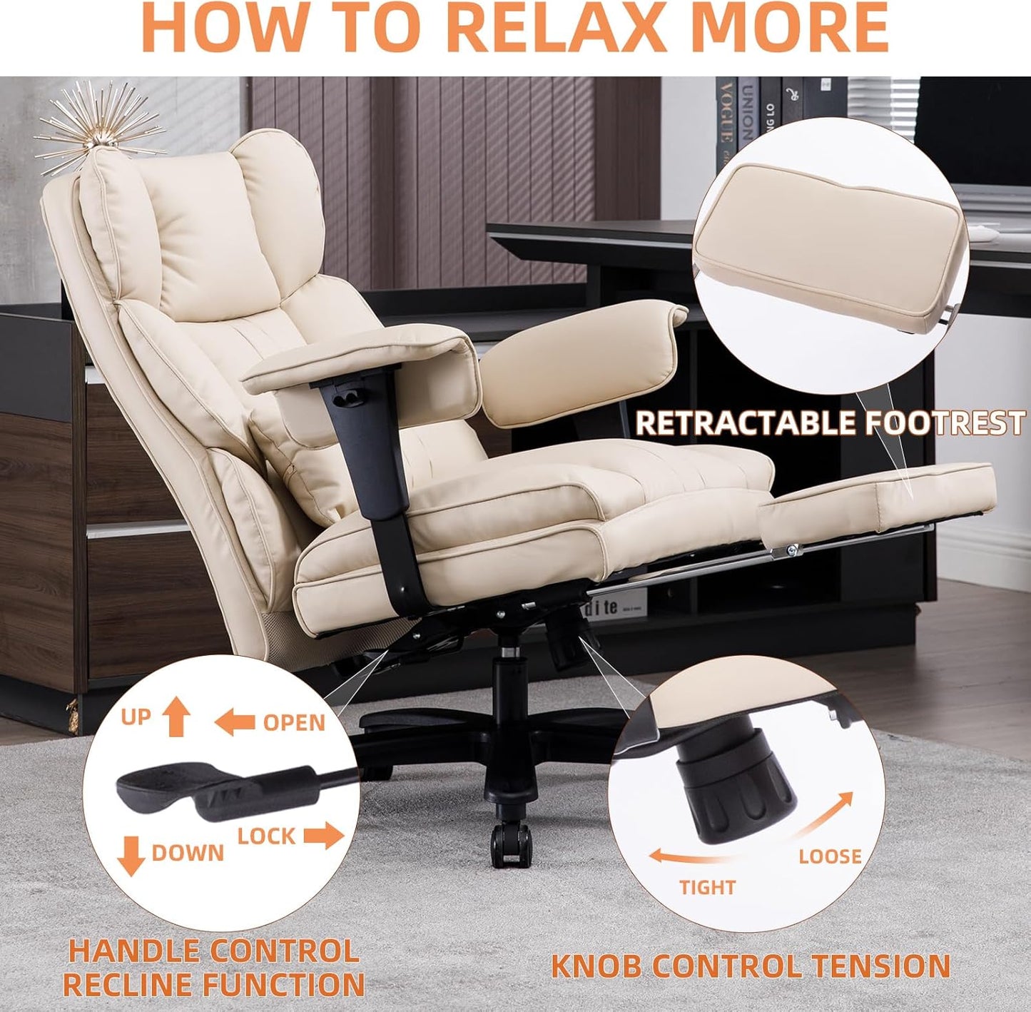 Big and Tall Office Chair 500lbs Wide Seat Executive Office Desk Chair High-Back Office Task Chair with Foot Rest, Ergonomic Lumbar Support Computer Office Chairs for Heavy People(Beige)