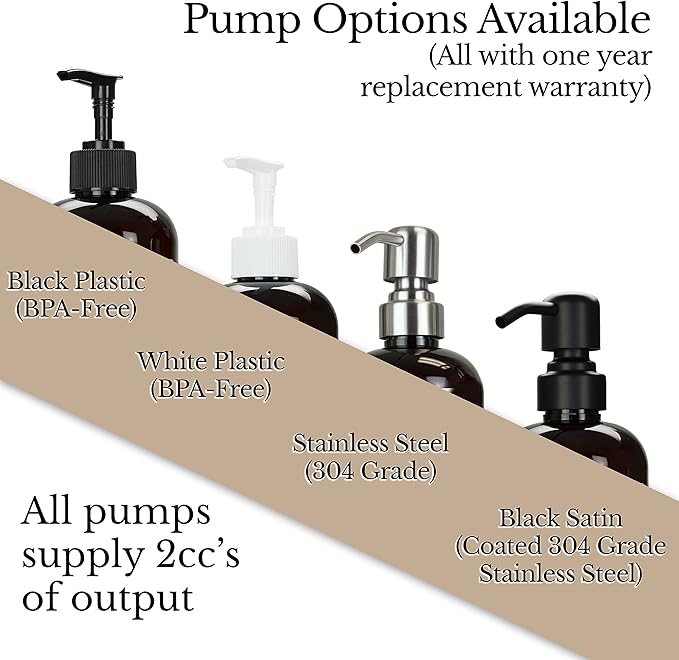 Amber PET Plastic Refillable Hand Sanitizer Pump Bottle Dispenser 304 Grade Stainless Steel Pump, 16 oz, Waterproof Label, Empty Reusable Container for Kitchen, Bathroom, Business