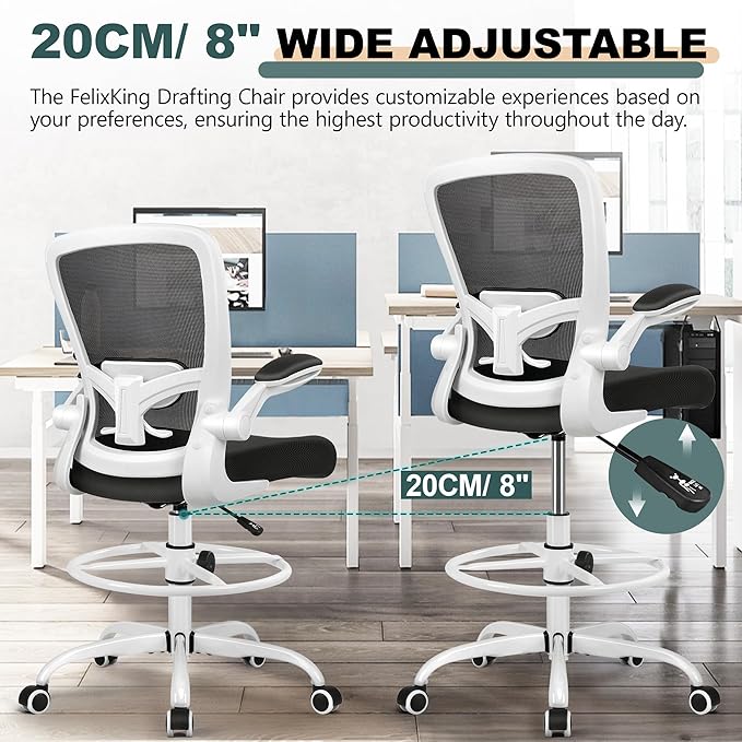 FelixKing Drafting Chair Ergonomic Tall Office Chair, Breathable Mesh Chair with Adjustable Footrest Ring Lumbar Support Flip-up Armrests, High Back Executive Comfy Task Computer Chair for Home Office