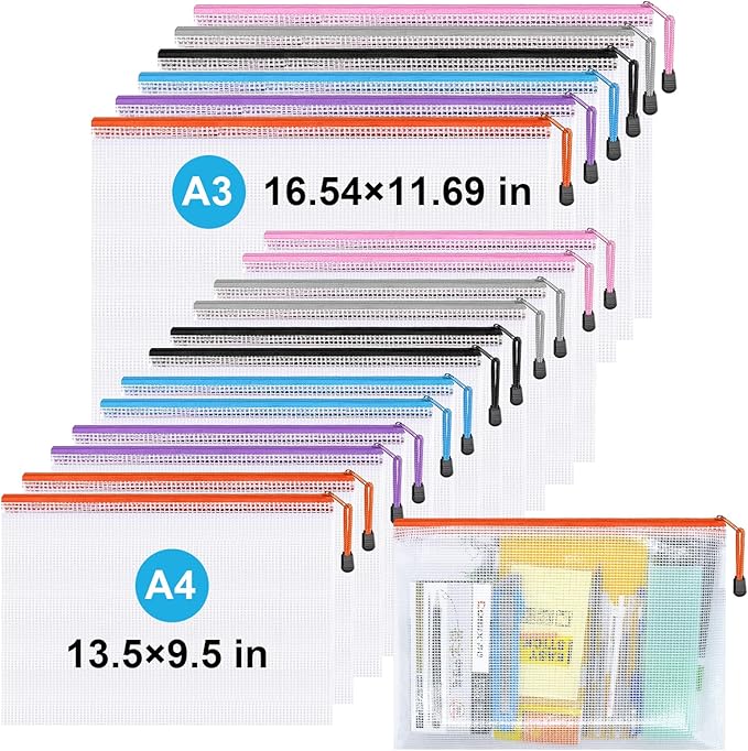 Mesh Zipper Pouch,Waterproof Zipper Bags,18pcs Document Folders,for Puzzle Board Game Storage,for School Office Supplies.