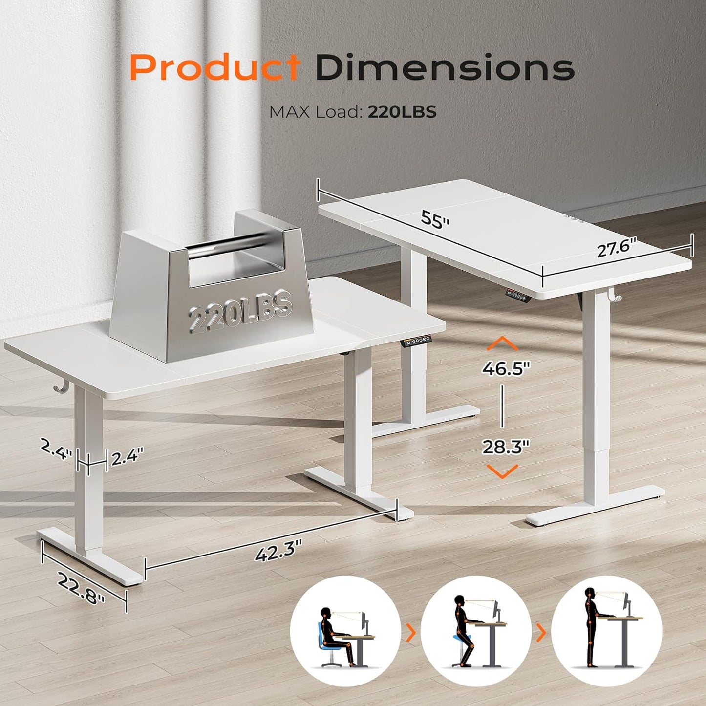 Huuger 55 x 28 Large Electric Standing Desk, Height Adjustable Copmuter Desk, 27.6" Deep Desktop, Stand up Gaming Office Table with 2 Hooks, 3 Preset Heights, for Home Office, White