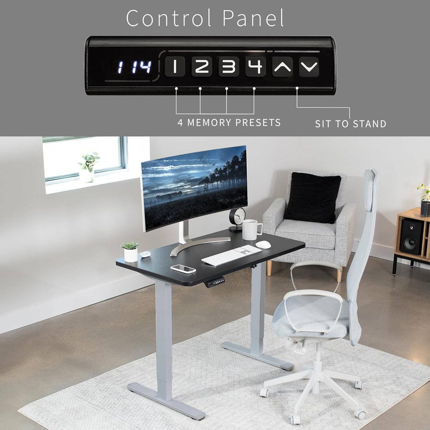 VIVO Electric 43 x 24 in Standing Desk, Memory Height Adjustment, 1B Series, One-Piece Black Top, Gray Frame, DESK-KIT-1G4B