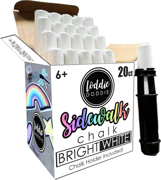 Loddie Doddie Jumbo White Sidewalk Chalk - 20-Count Non-Toxic Bucket with Holder - Easy-Grip Low-Dust Sticks - Sidewalk Chalk for Kids & Outdoor Kids Activities