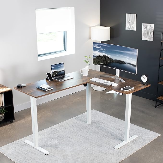VIVO Electric Corner L-Shaped 63 x 55 in Rustic Standing Desk, Memory Height Adjustment, Vintage Brown Top White Frame, DESK-E3CTWN