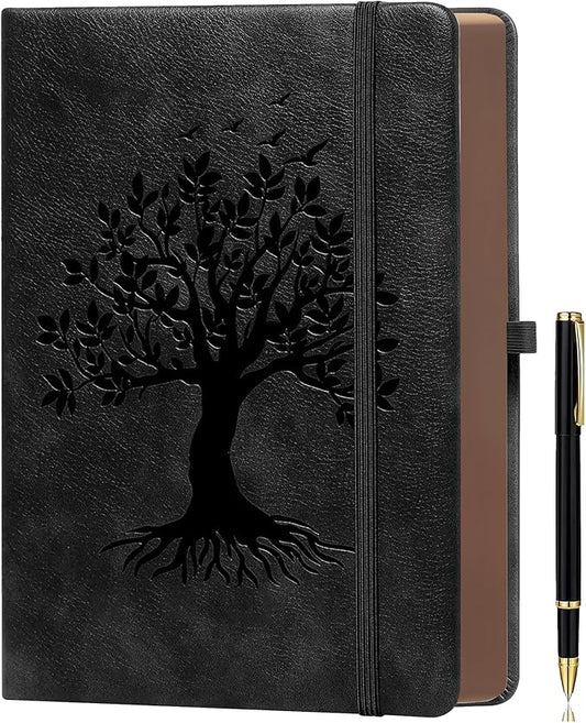 ZXHQ Thick Lined Journal Notebook with Pen, 360 Pages 100gsm Paper, Brown Sprayed Edge, Journal for Writing B5 Ruled Notebook,Leather Hardcover,Perfect for Work, Office or School, 7.8'' x 10'' Black