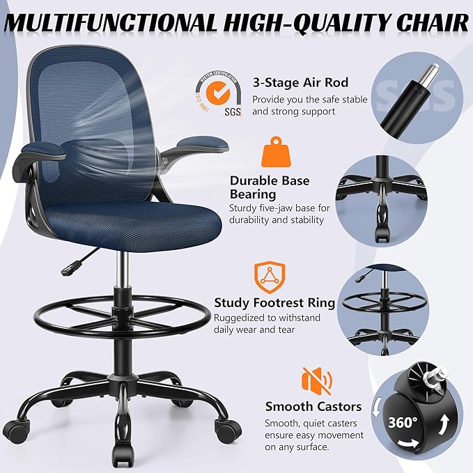 Drafting Chair, Tall Office Chair Ergonomic Standing Desk Chair,with Adjustable Footrest Ring, 3D Lumbar Support, Flip-up Armrests, Swivel Desk Stool for Drawing Working (Navy)