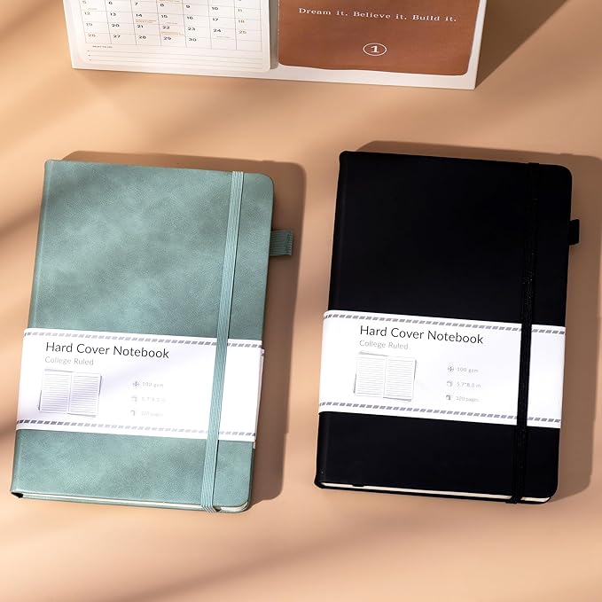 CAGIE 2 Pack Notebooks Journals for Women Men Hardcover A5 Journaling Notebooks Leather Journals for Writing Thick Journal Supplies Diary, Green& Black