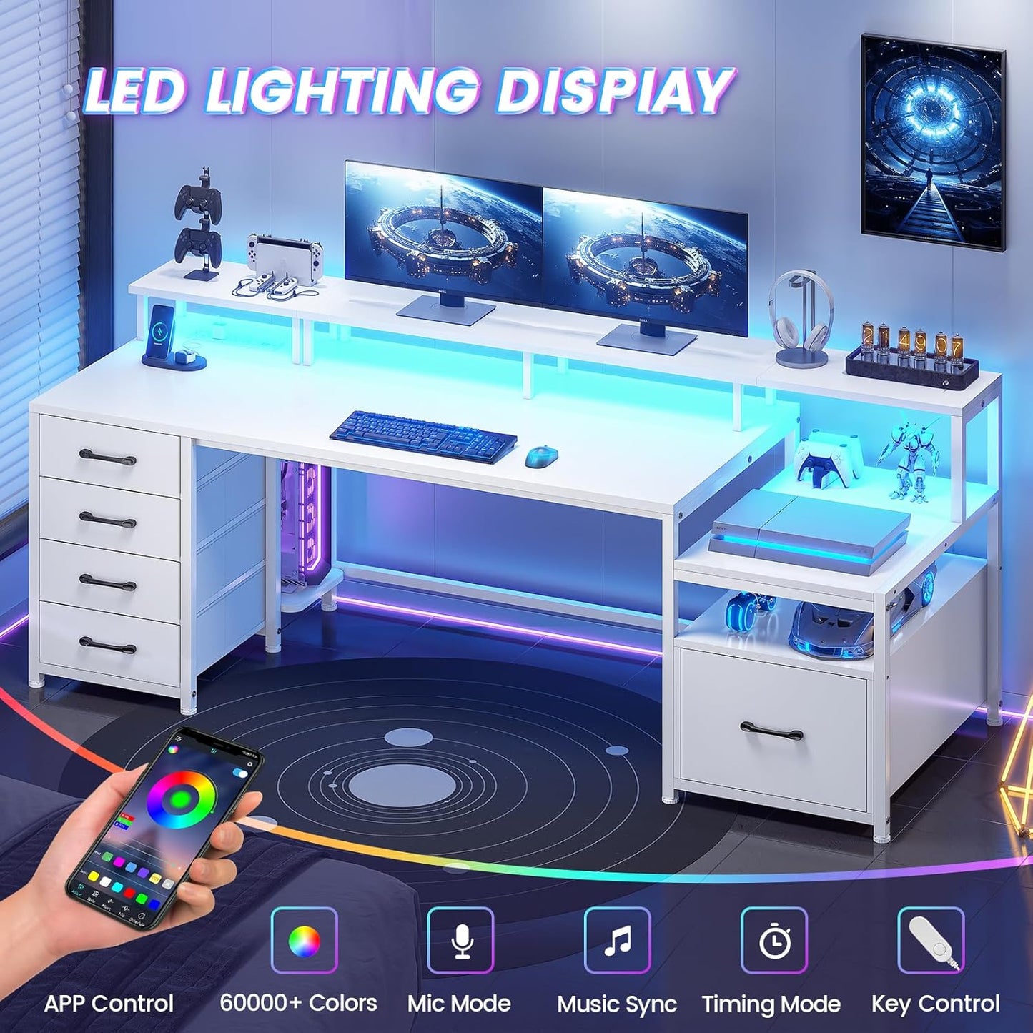 SEDETA White Computer Desk with 5 Drawer & Power Outlet, 75'' Home Office Desk with File Drawer, Storage Shelves, Printer Cabinet and Monitor Shelf, Gaming Desk with Led Lights, 23.6" W Desktop