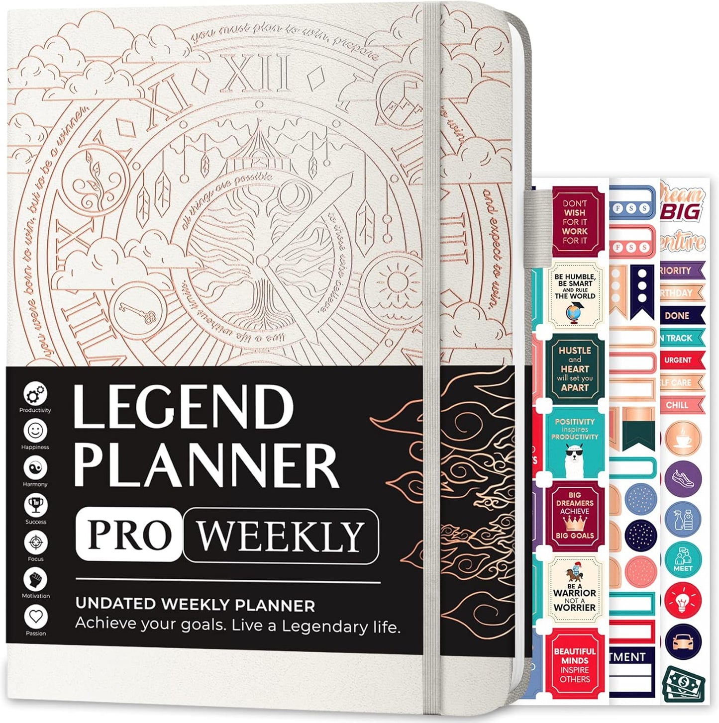 Legend Planner PRO – Deluxe Weekly & Monthly Life Planner to Increase Productivity and Hit Your Goals. Time Management Organizer Notebook – Undated – 7 x 10" Hardcover + Stickers – White