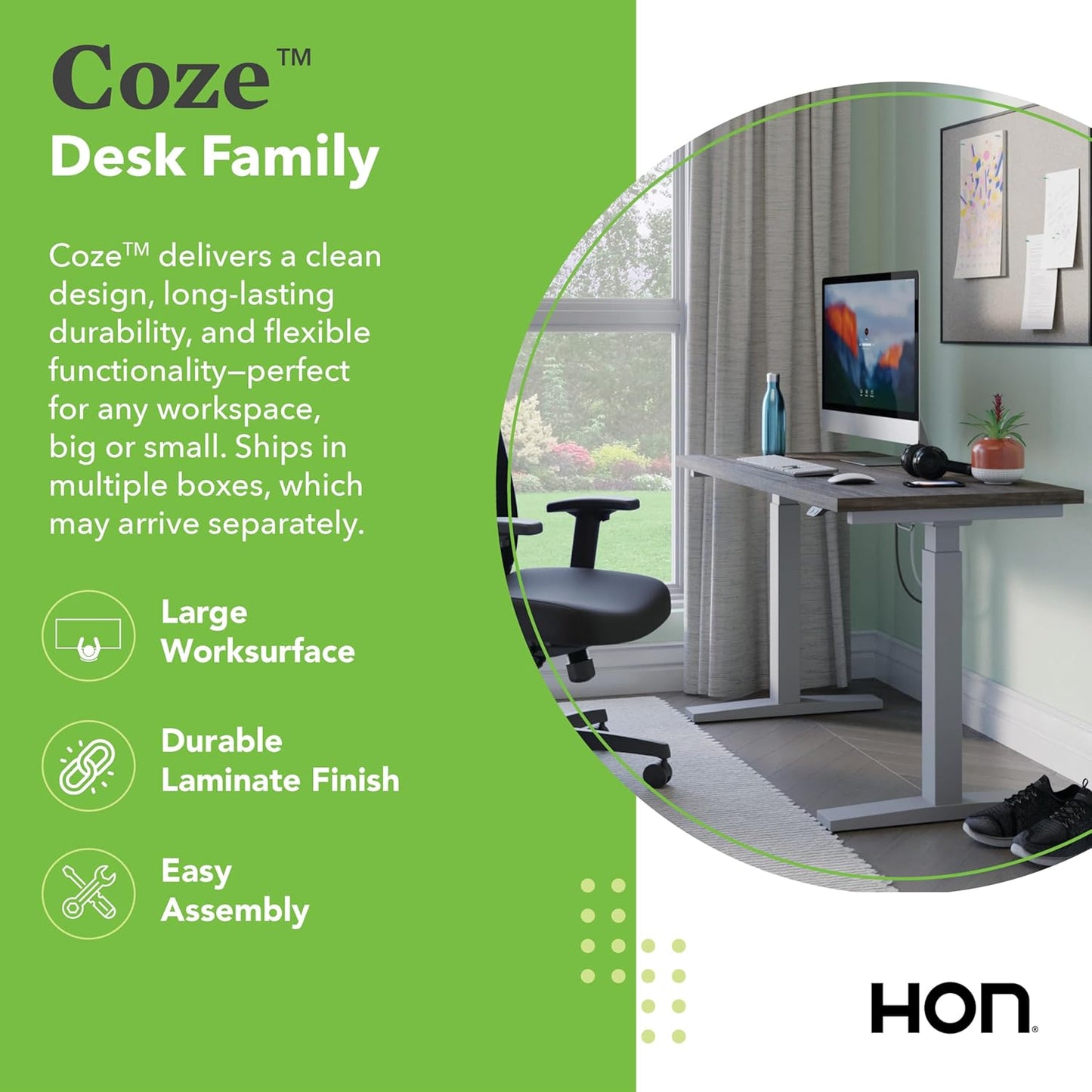 HON Coze Electric Standing Desk Adjustable Height, Coordinate Height Adjustable Desk, 48", Walnut Top, Silver Base