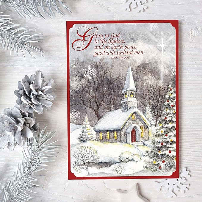 Current Snowy Church Religious Christmas Cards with Envelopes - Set of 18 Large 5 x 7-Inch Folded Cards, Faith Holiday Greeting Card Value Pack