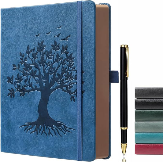 ZXHQ A5 360 Pages Lined Journaling Notebooks with Pen, Journals for Women Men Writing Notebook, Tree of Life Design, Brown Edge Fine Inner Pocket - Blue