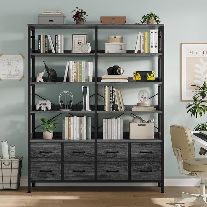 Bookshelf with 8 Fabric Drawers, 7-Tier Bookcase with Baffles Display Shelves, Industrial Large Book Shelf for Living Room Home Office, Grey