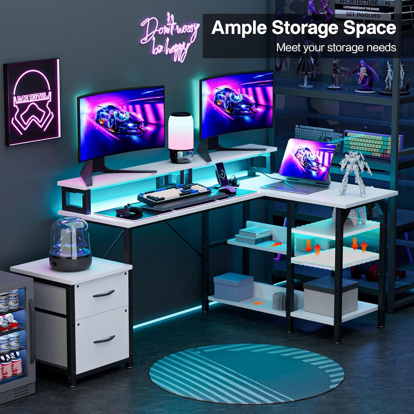 YOUNGAR 69.3" Home Office Desk with Storage, Reversible L Shaped Computer Desks, Corner Gaming Office Desk with 2 File Drawers&Power Outlet, White