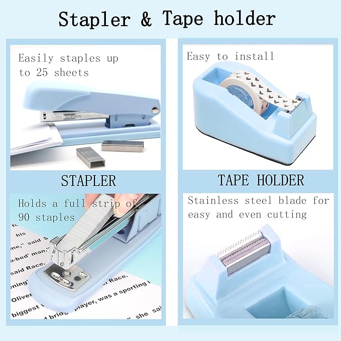 Blue Office Desk Accessories Supplies, 10pcs Desk Organizers and Accessories with Tape Dispenser and Stapler,Staples,Scissor,Ruler,Sticky Tabs,Tape,Ballpoint Pen,Clips Set