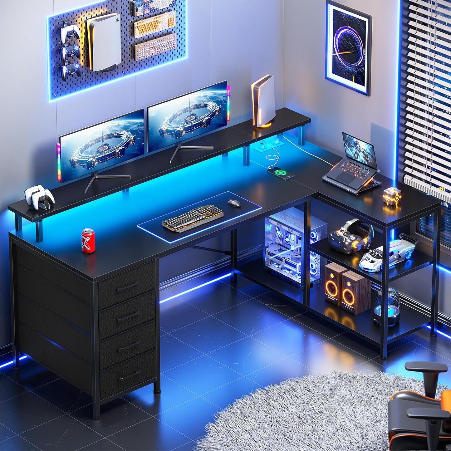 SEDETA L Shaped Desk with 4 Drawers and Storage Shelves, L Shaped Gaming Desk with LED Lights & Power Outlets, Computer Desk with Shelves & Drawer, Corner Desk Home Office Desk, Black