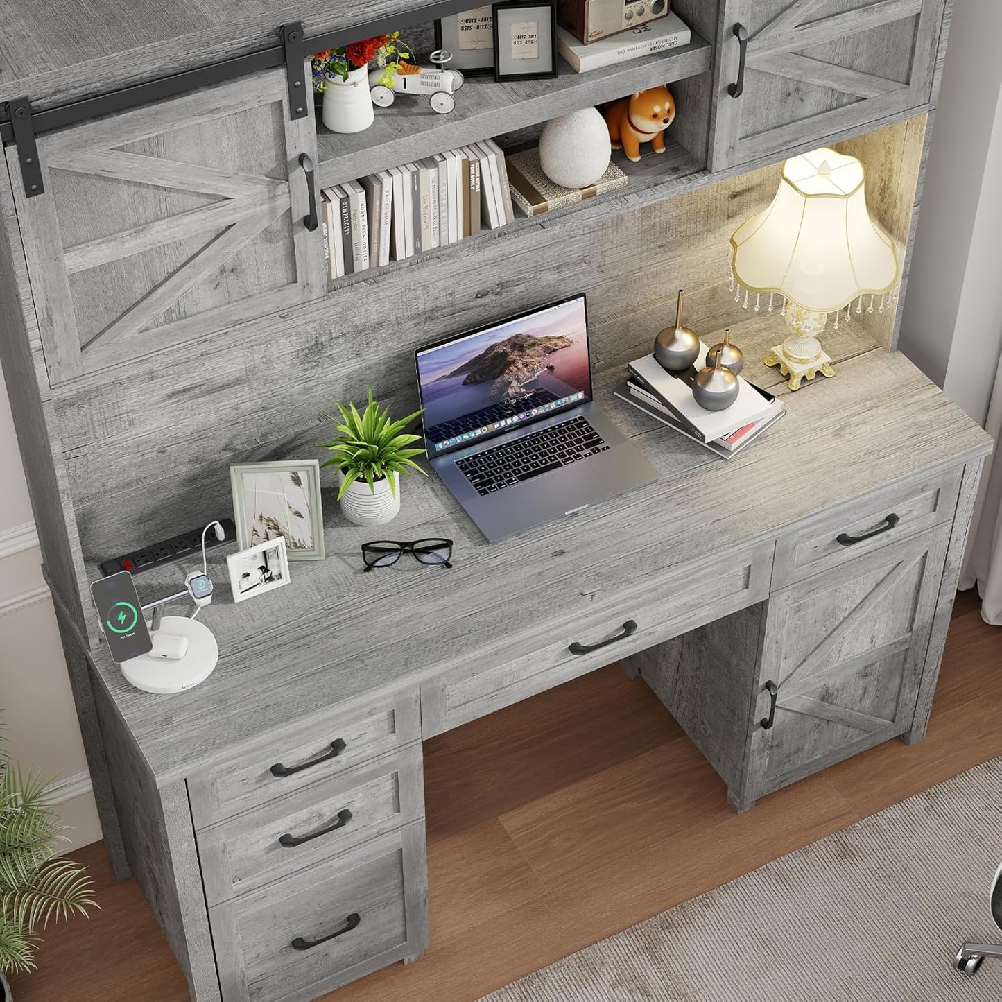 Farmhouse 67''H Executive Desk with Hutch & 5 Drawers, Rustic Office Desks Computer Desks with Charging Station, File Drawers and Storage Cabinets, Wood Workspace for Home Office & Study.(Grey).